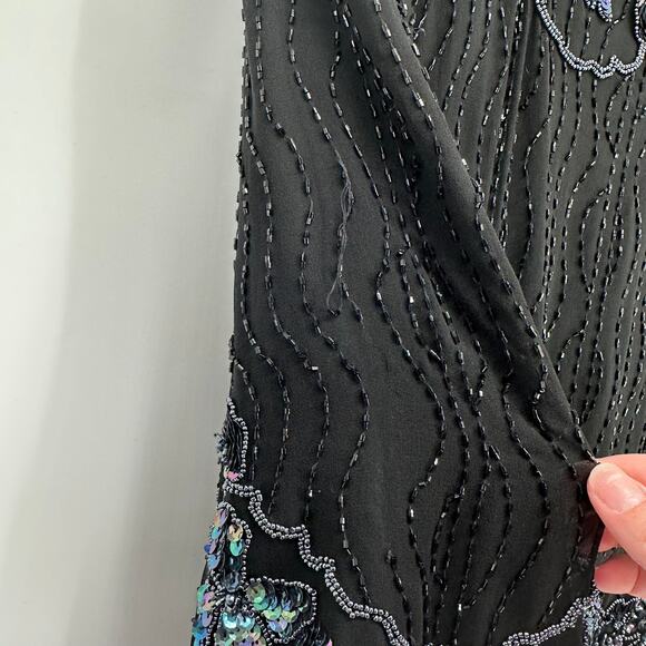 Vintage Oleg Cassini Silk Beaded Sequin Top Skirt Set Black 10 Gatsby Flapper - Picture 2 of 16